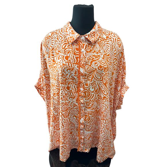 UMGEE | Orange & White Paisley Button Front Top Boho Oversized NWT | 2XL - Picture 2 of 7